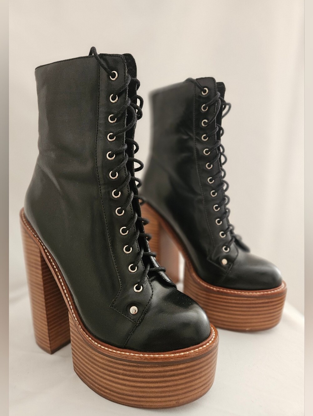 Jeffrey Campbell Black Leather Lace-Up Platform Boots with Wood-Effect Heel